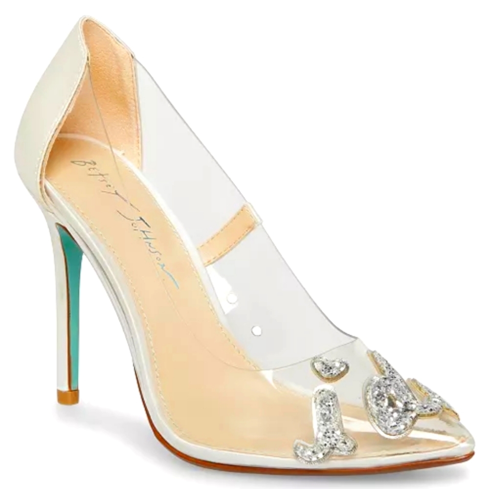 Betsey Johnson "I Do" clear bridal pumps